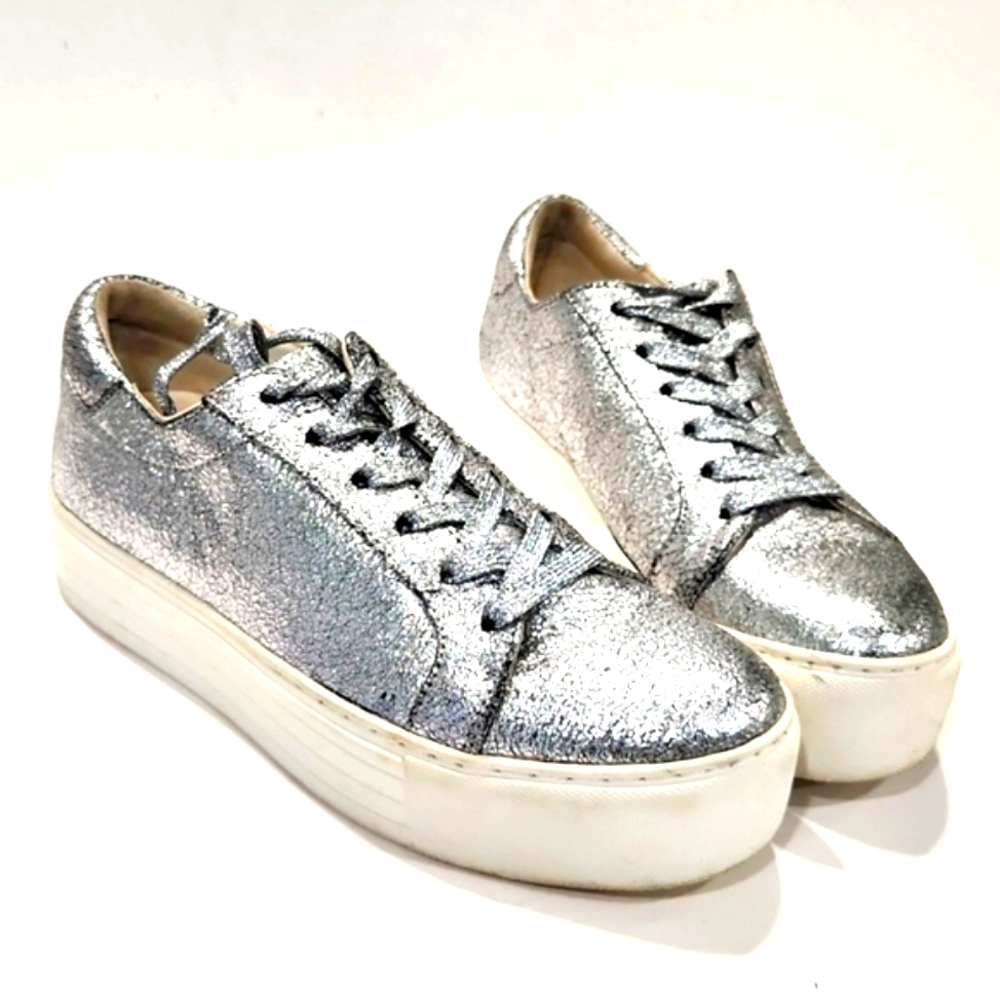 Kenneth Cole Abbey Techni-Cole Metallic Silver Leather Platform Sneakers Size 7M